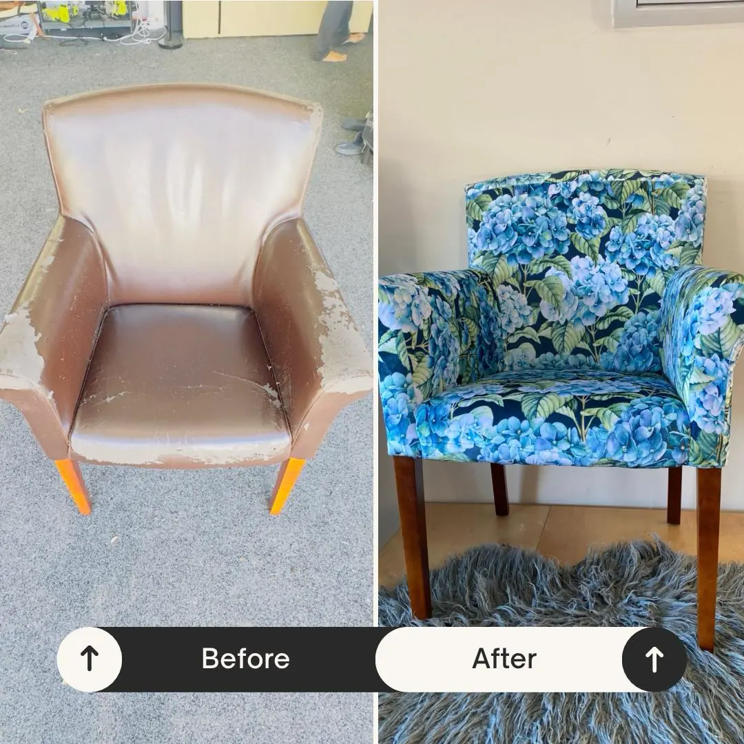 Before and after: a worn brown leather tub chair, and the same chair recovered in blue hydrangea print.
