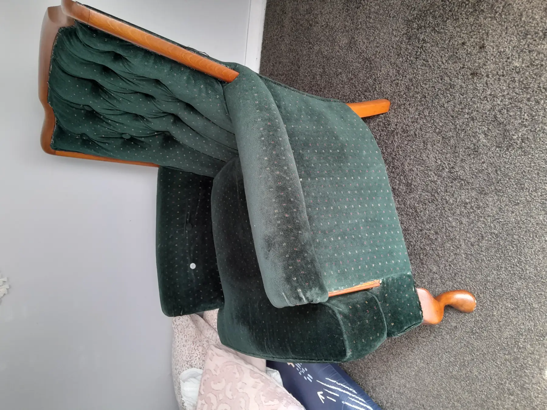 The green velvet armchair and its matching companion chair, as they arrived.