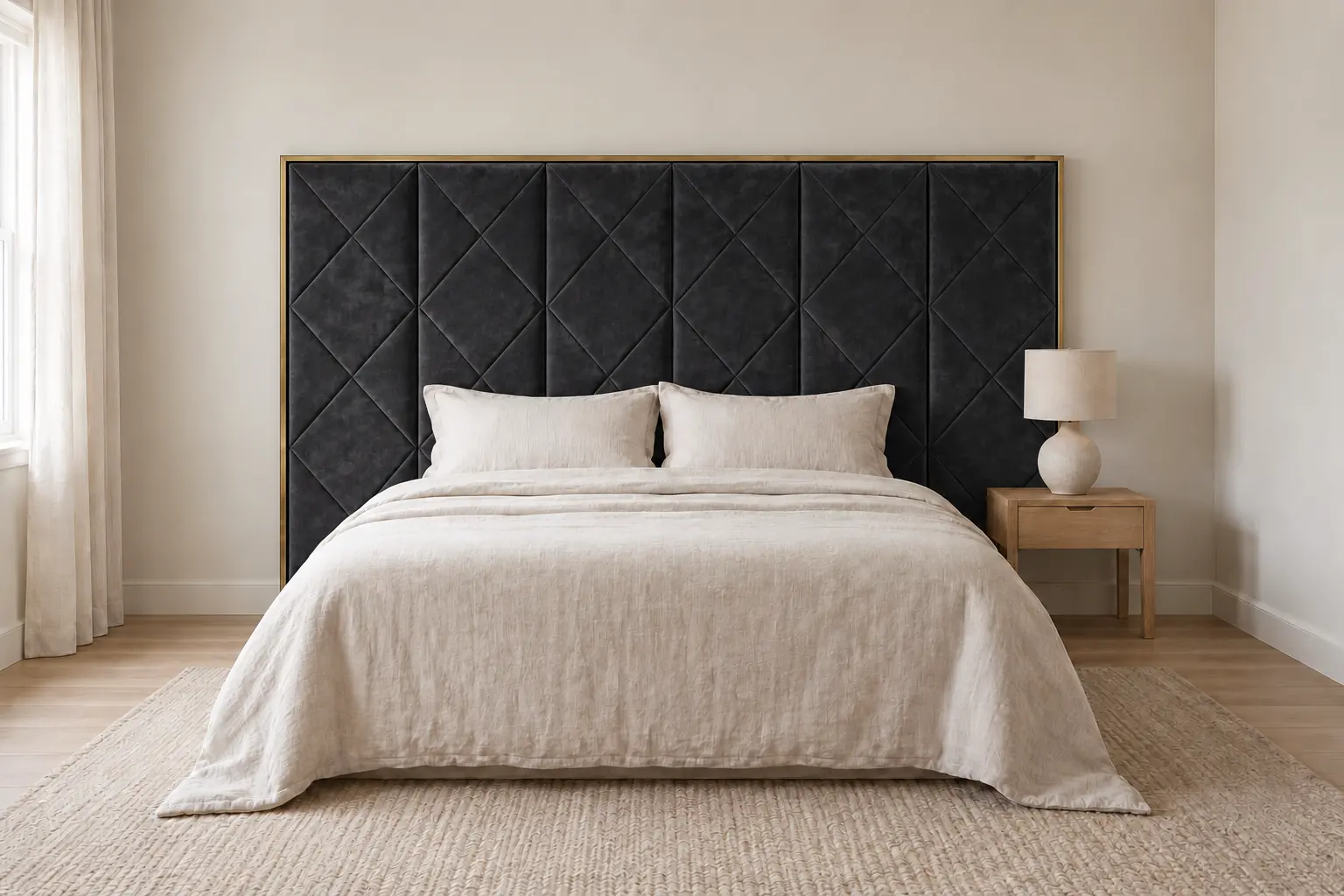 The same bedroom with the same headboard in dark charcoal velvet.