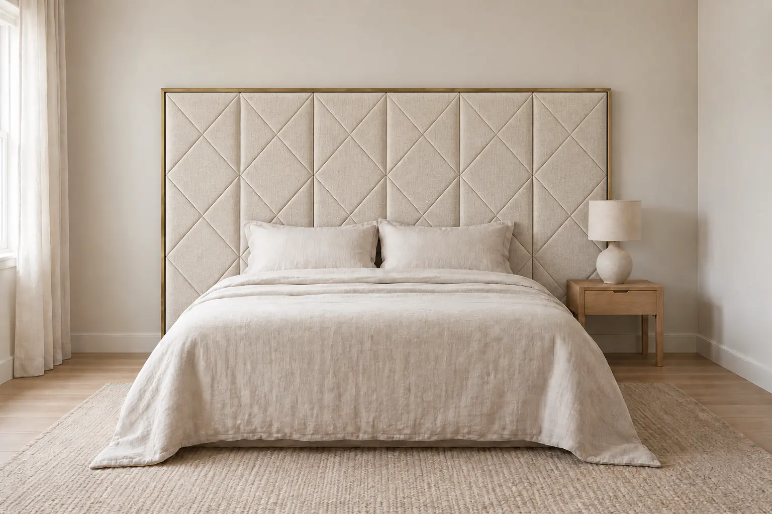 The same bedroom with the same headboard in a soft cream woven cloth.