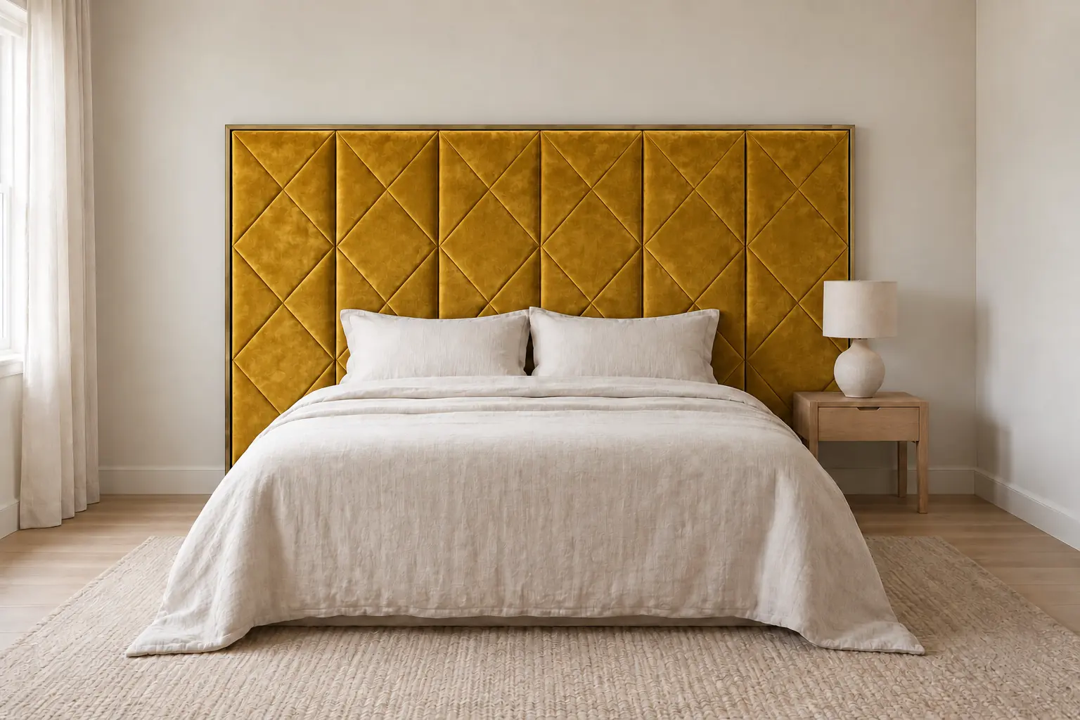 The same bedroom with the same headboard in warm mustard velvet.