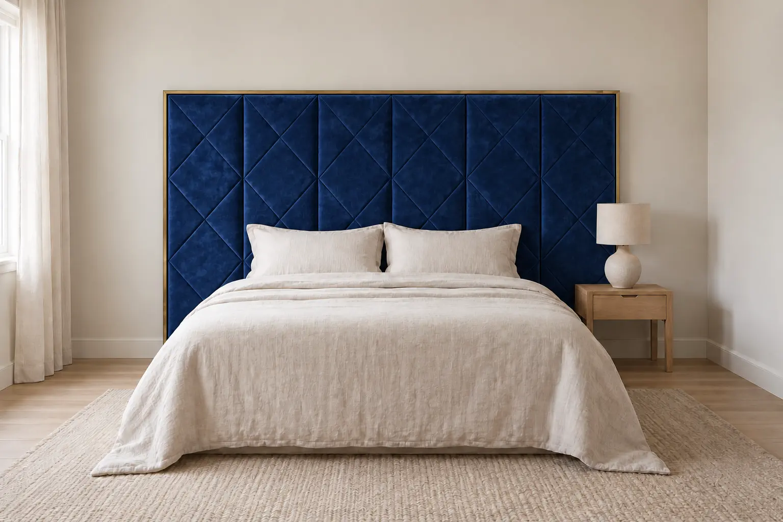 The same bedroom with the same headboard in deep navy velvet.