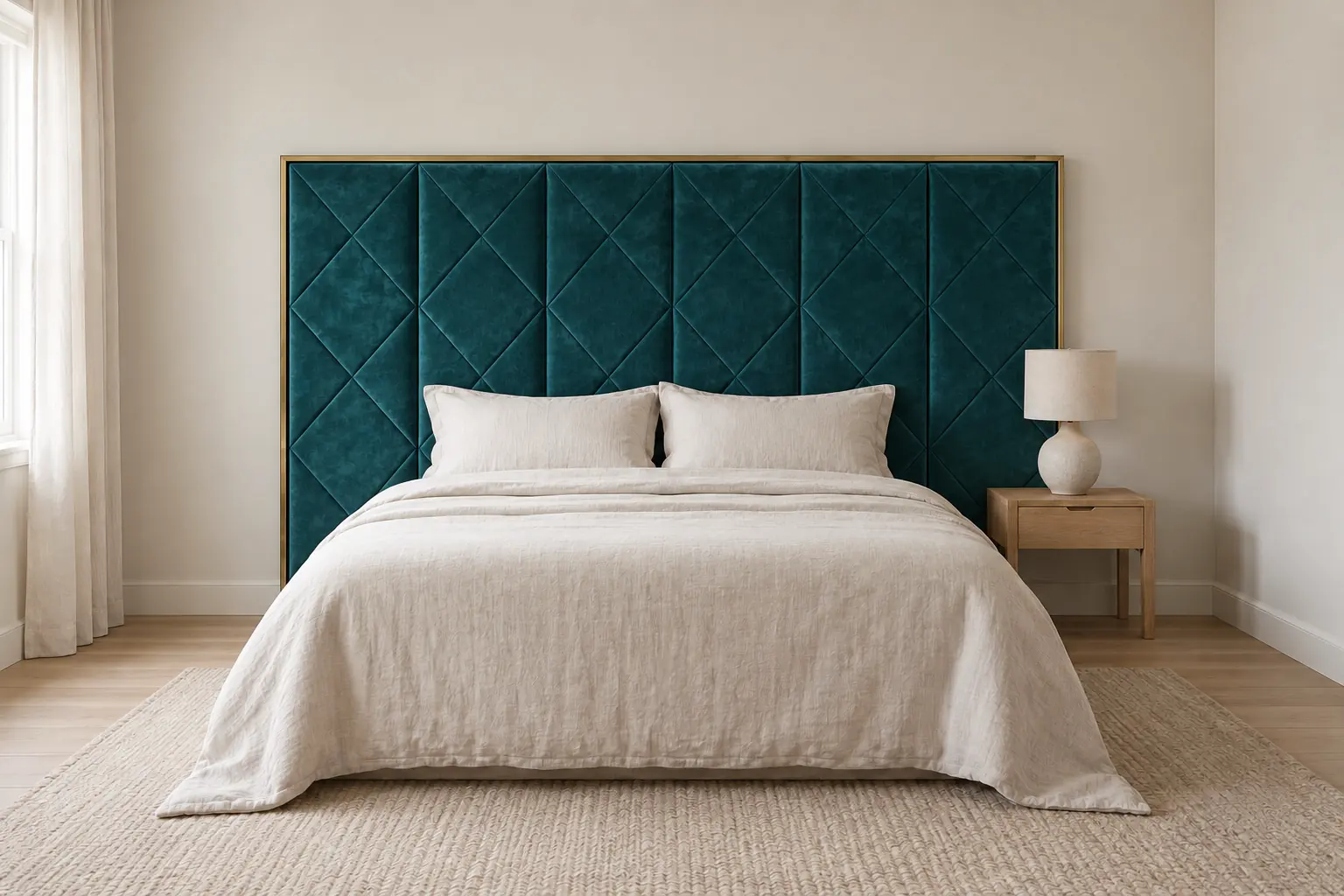 The same bedroom with a wide teal velvet headboard in a slim brass frame, running past the bed on both sides.