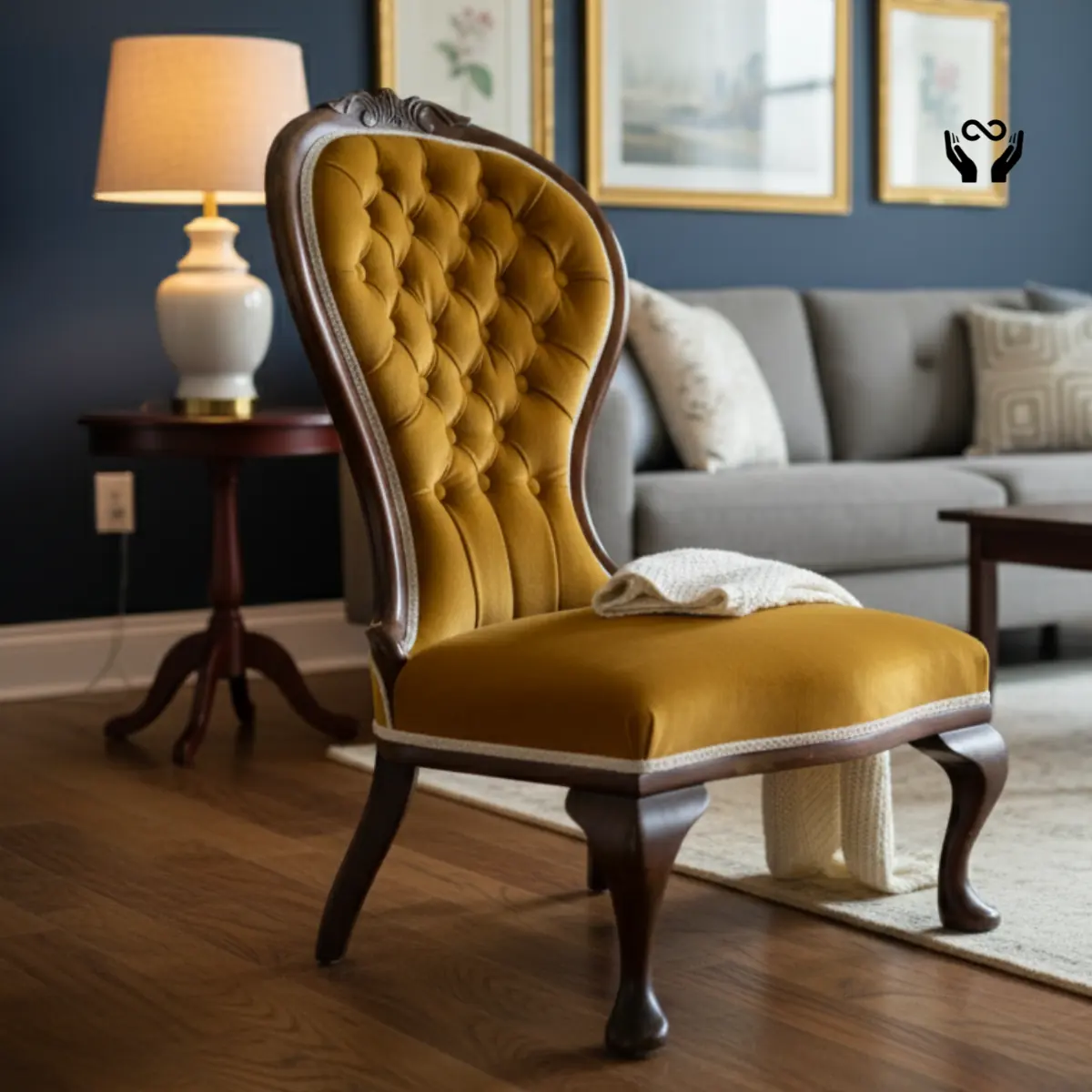 A carved chair in gold velvet, buttoned into the tall back.
