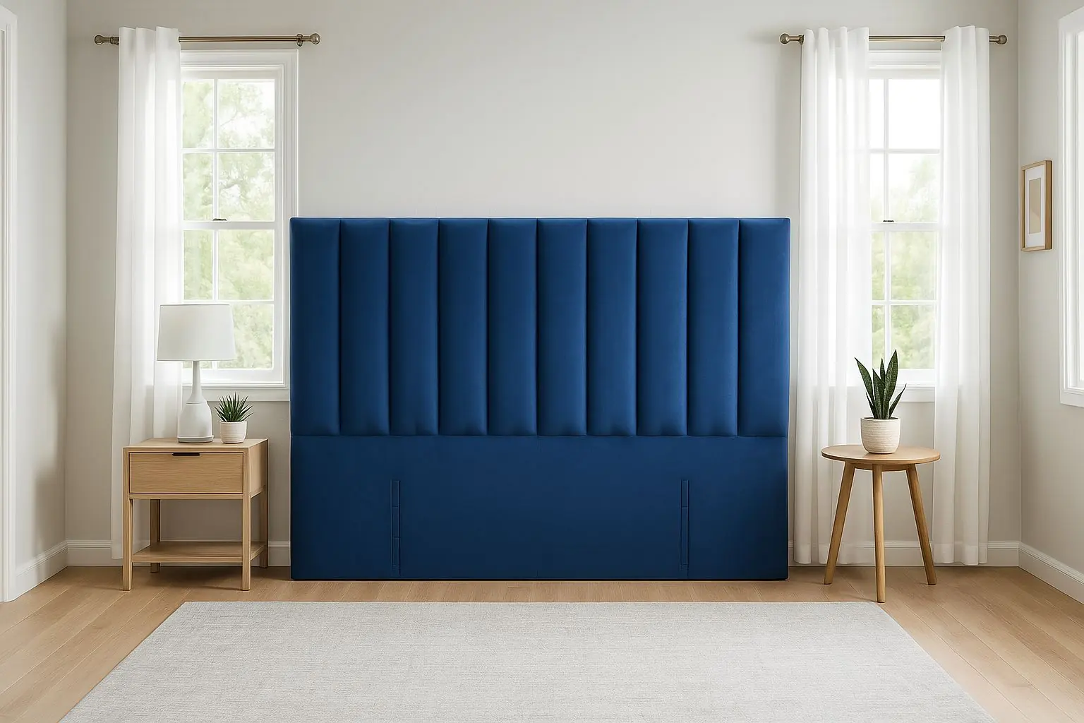 A wide navy fluted headboard running past the bed on both sides, between two windows.