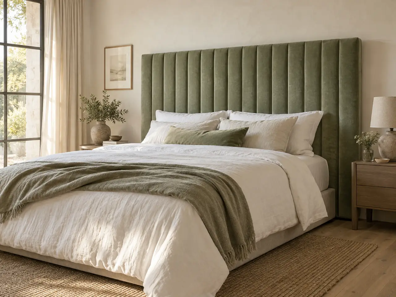 A tall sage-green fluted headboard, wider than the bed, in a light bedroom.