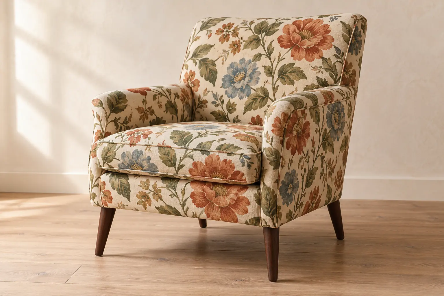 A mid-century armchair reupholstered in a bold botanical print, against a plain wall.