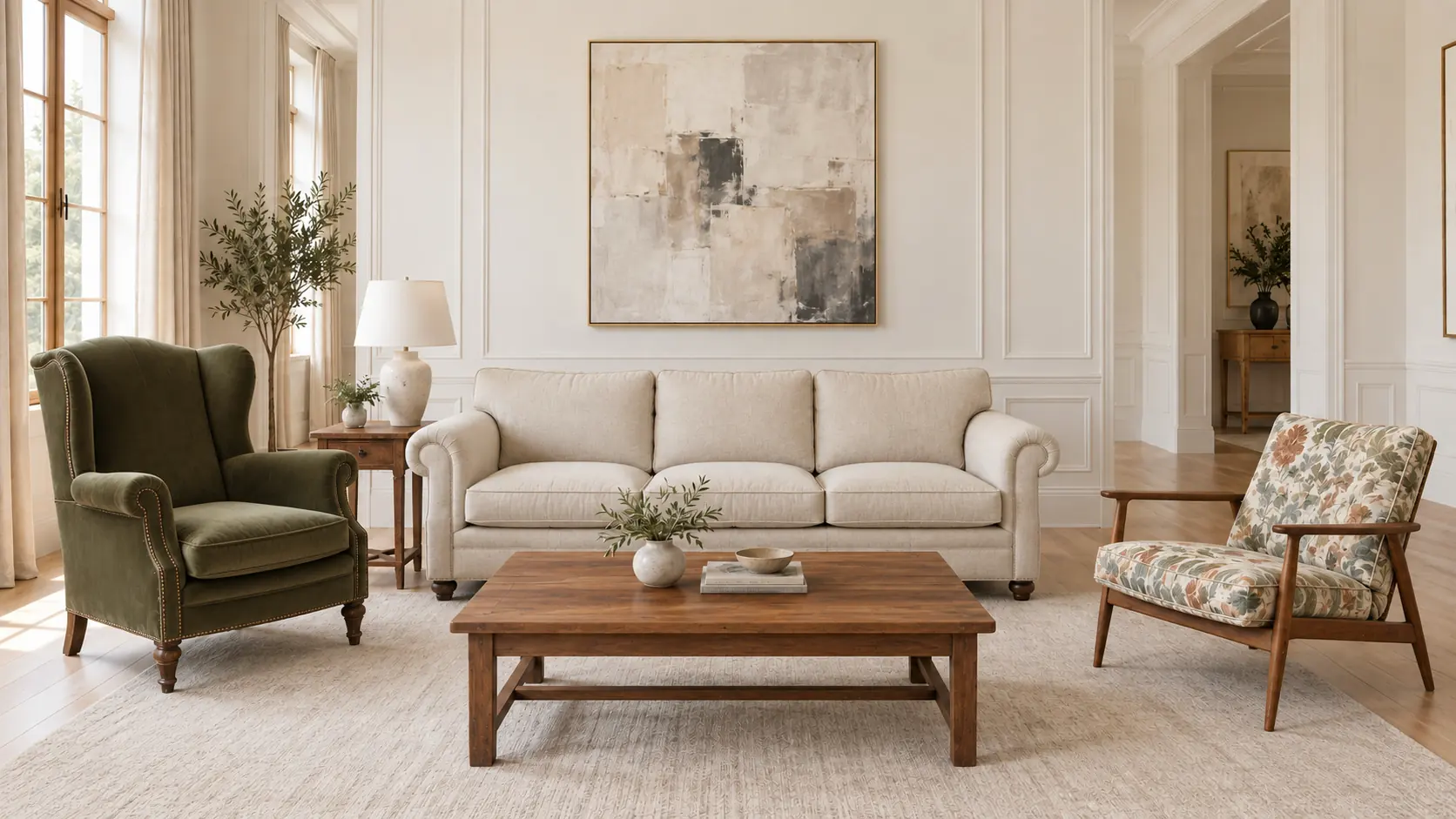 The same room after restoration: the wingback in olive green velvet, the sofa recovered in cream linen, and the mid-century chair in a botanical print.