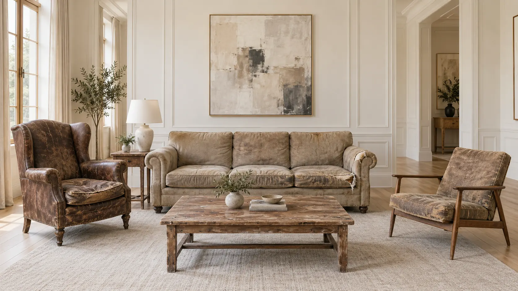 A panelled living room before restoration: a cracked brown leather wingback, a worn taupe sofa with a split arm, and a battered mid-century chair.